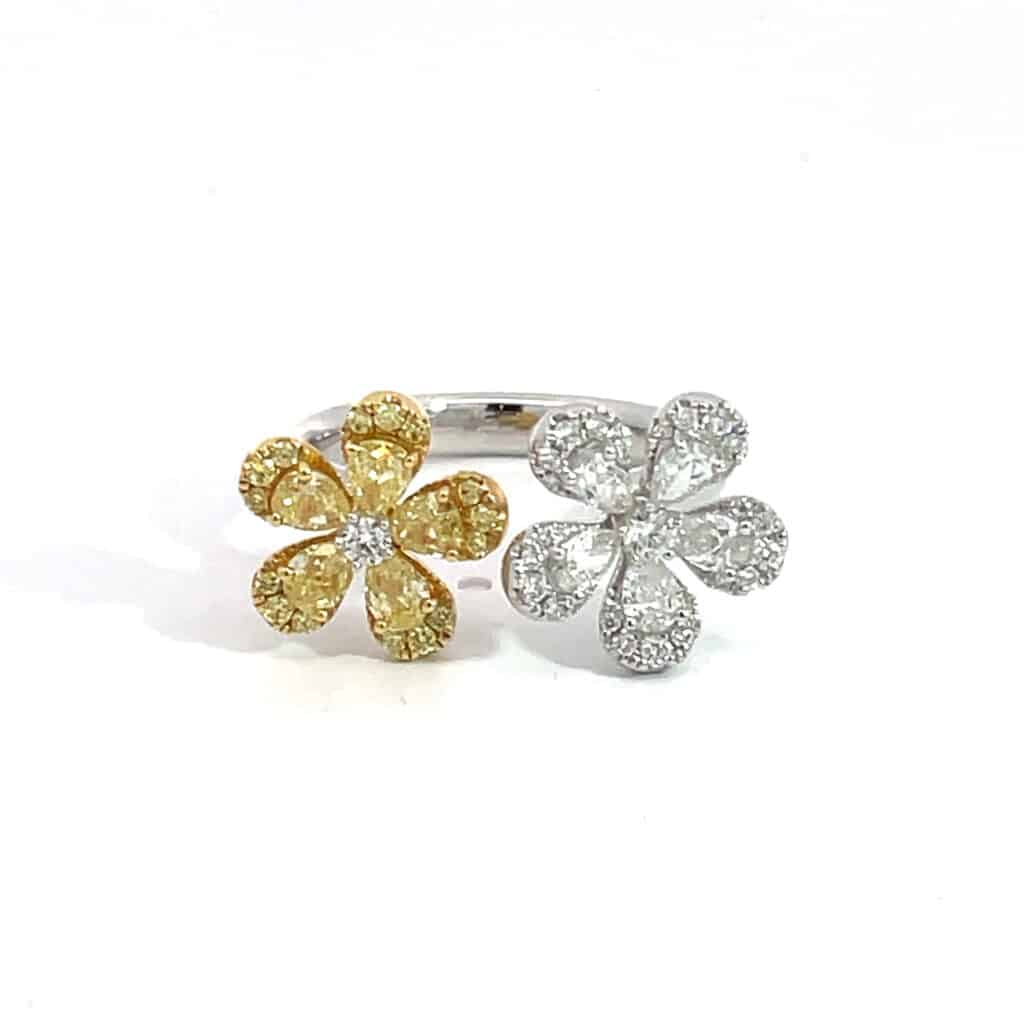 Double Flower Ring with White & Yellow Diamonds